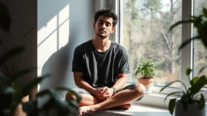 Person sitting peacefully by a window with soft natural light, appearing calm and introspective, surrounded by plants and minimal decor suggesting mental clarity and inner peace