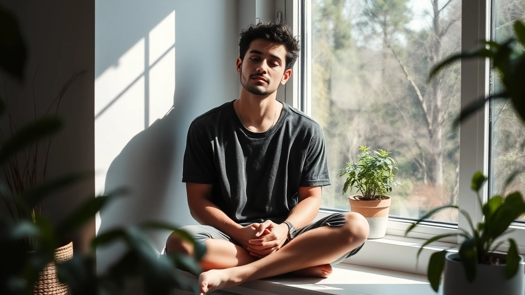 Person sitting peacefully by a window with soft natural light, appearing calm and introspective, surrounded by plants and minimal decor suggesting mental clarity and inner peace