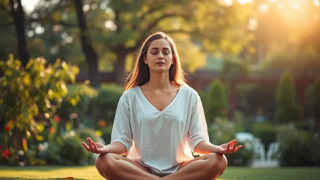 Serene person meditating in a peaceful garden setting with soft natural light filtering through trees, expressing inner calm and emotional balance