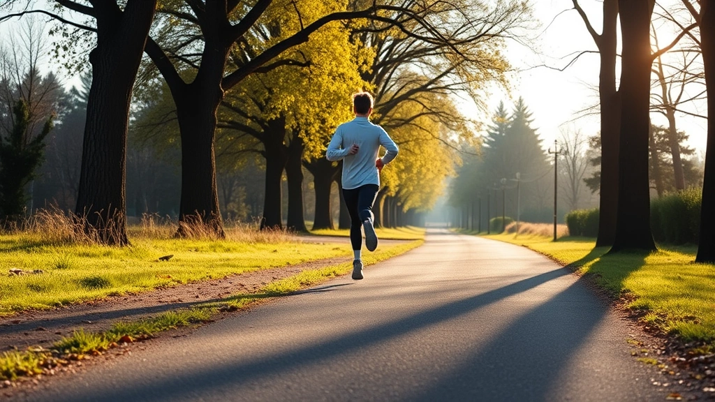Person jogging outdoors in morning light on a tree-lined path, displaying active movement and healthy lifestyle choices with natural surroundings in background