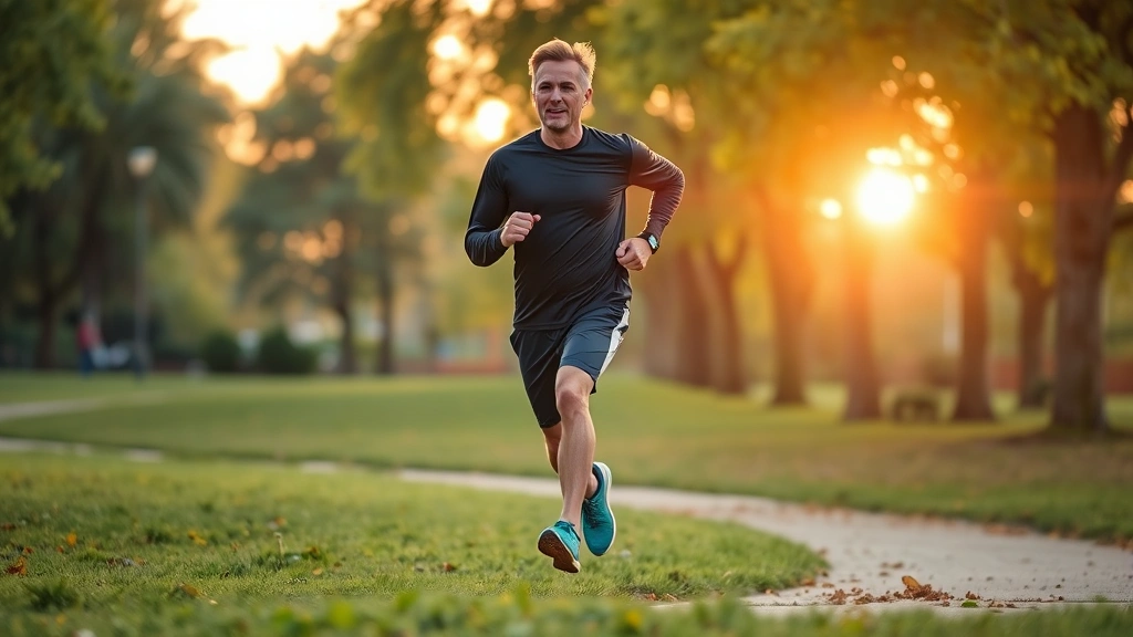 Active individual jogging through a park at sunrise with vibrant energy, showing purposeful movement and healthy lifestyle engagement