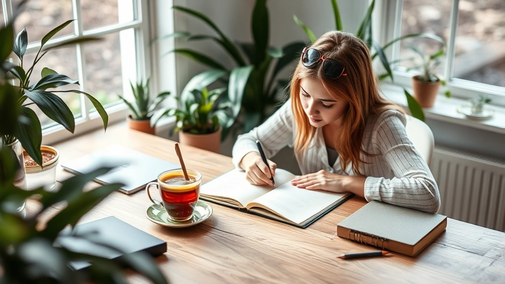 Person journaling at a desk with a cup of tea nearby, surrounded by plants and natural light, representing mindful reflection and self-awareness
