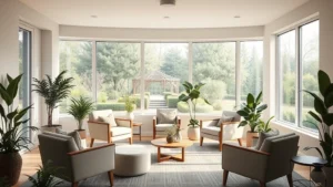 A serene therapy room with soft natural lighting, comfortable seating arranged in a circle, indoor plants, and large windows overlooking peaceful gardens, creating a calming clinical environment