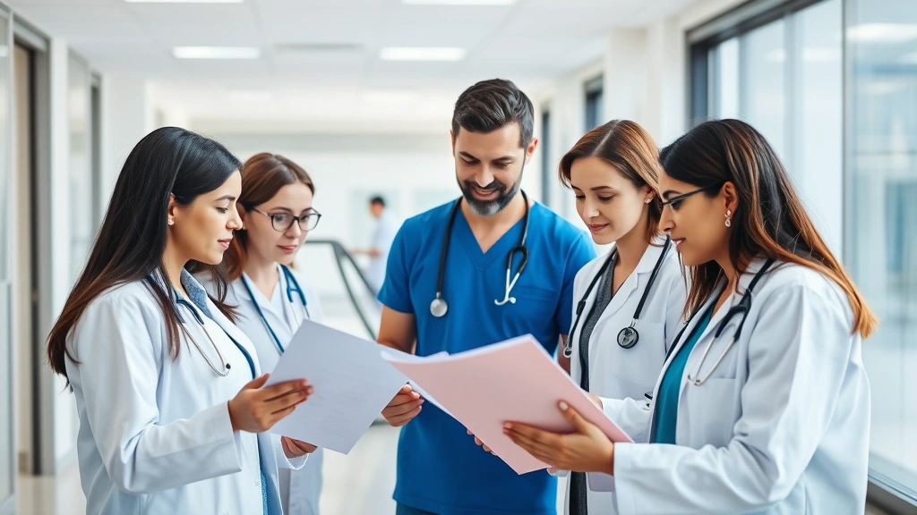 A diverse group of healthcare professionals in a modern medical setting reviewing patient charts together, showing collaboration and multidisciplinary team care in a professional psychiatric facility