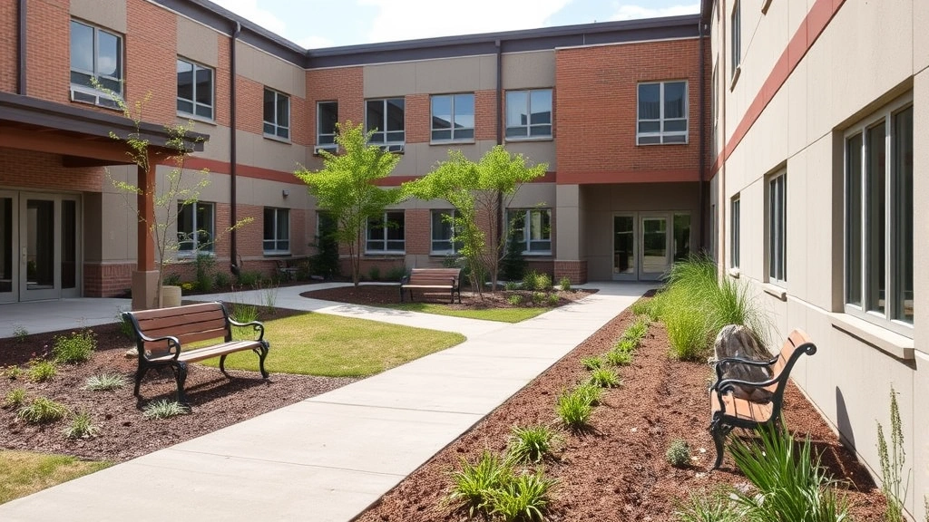 A peaceful outdoor courtyard within a mental health facility featuring walking paths, benches, natural landscaping, and architectural elements that promote healing and reflection