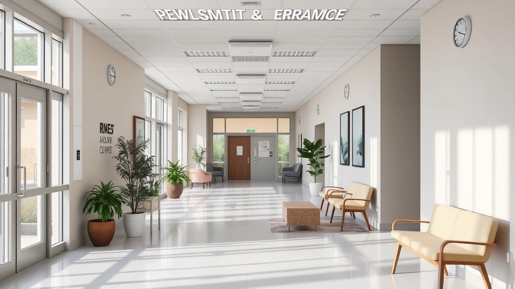 Modern psychiatric hospital interior with welcoming entrance, clean hallways with natural light, comfortable seating areas, calming neutral colors, plants and artwork on walls, no people visible