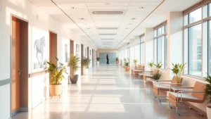 Serene hospital corridor with soft natural lighting, modern architecture, comfortable seating areas, plants, warm neutral colors, no people visible, peaceful therapeutic environment