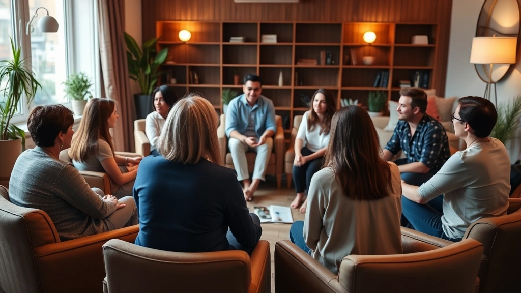 Group therapy session in progress with diverse participants sitting in circle, therapist facilitating discussion, warm lighting, comfortable seating, supportive atmosphere, no visible faces