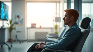 A person sitting in a peaceful modern hospital consultation room with soft natural lighting, appearing calm and focused, abstract medical imagery subtly visible