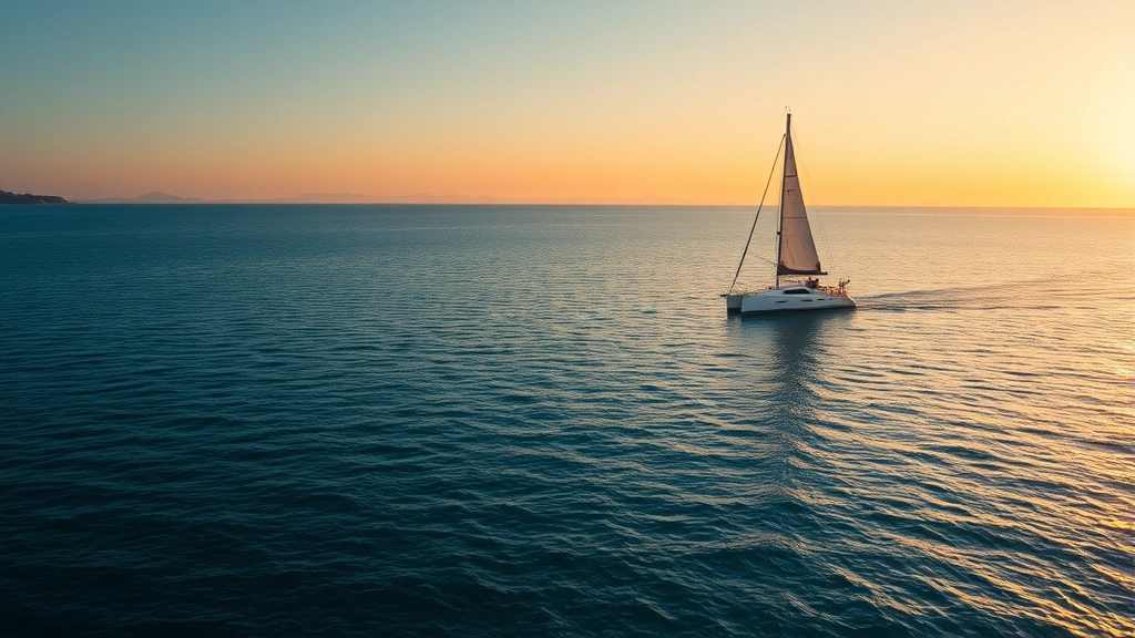 A serene sailboat gliding across calm turquoise water at golden hour, with distant mountains visible on the horizon, peaceful and tranquil atmosphere