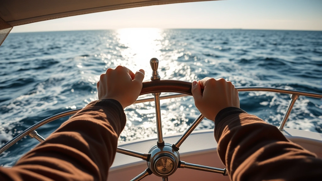 Someone at the helm of a boat with hands on the wheel, gazing toward open water, sunlight reflecting off rippling waves, sense of control and freedom