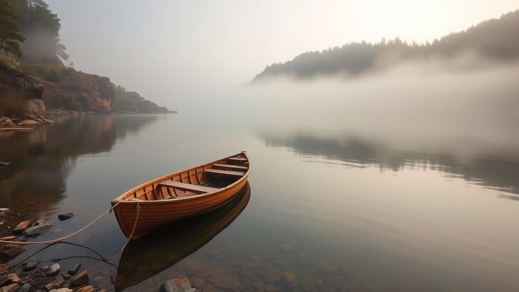 A small wooden boat anchored in a secluded cove surrounded by natural landscape, morning mist rising from water, tranquil and meditative setting