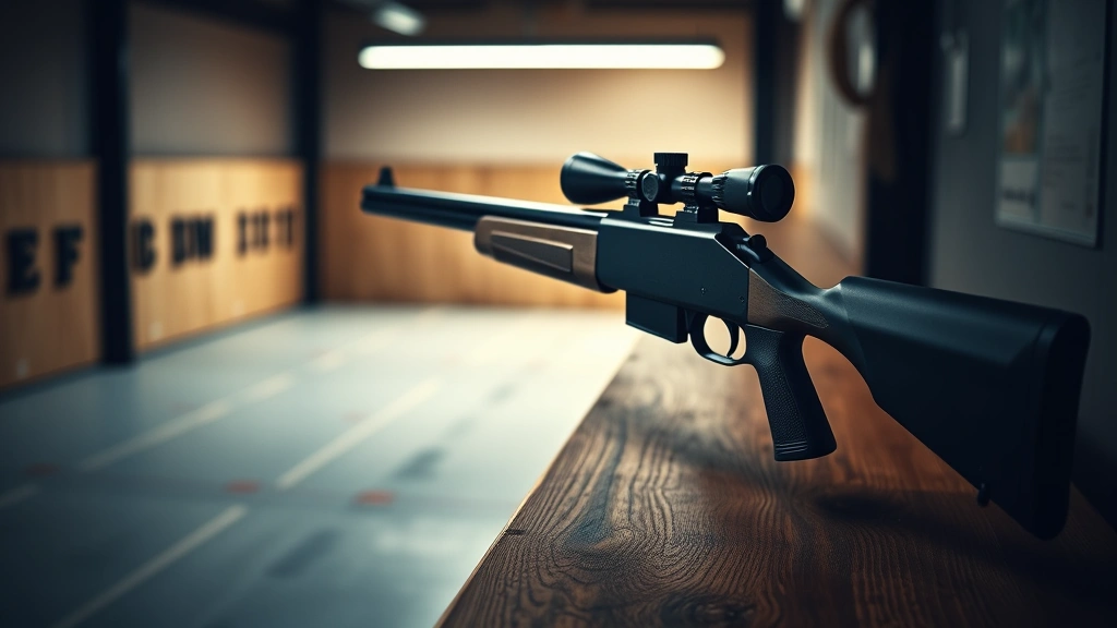 Professional shotgun mounted on wooden shooting bench with soft natural lighting, clean modern indoor range environment, photorealistic detail