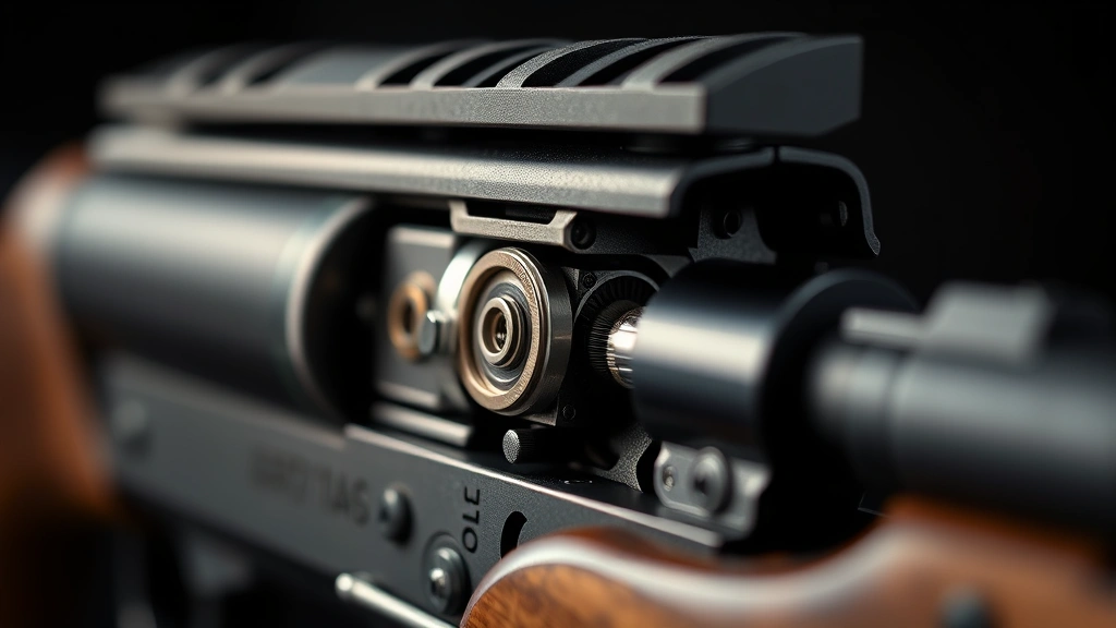 Close-up of precision firearm mechanical components showing intricate metalwork and engineering, shallow depth of field highlighting craftsmanship, professional studio lighting