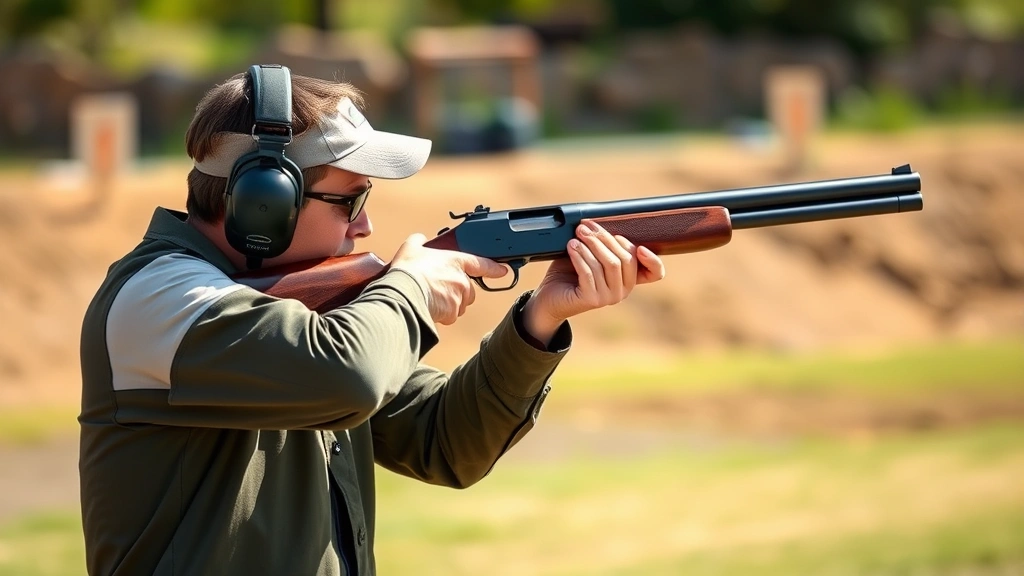 Competitive shooter in dynamic stance demonstrating proper shotgun handling technique, outdoor clay range setting with natural daylight, action-oriented composition