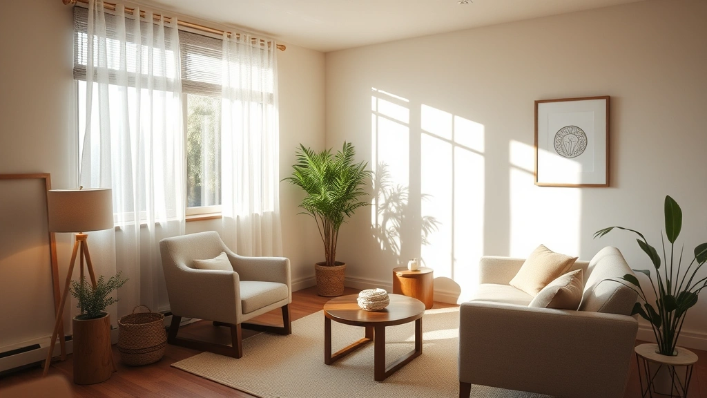 A peaceful therapy office with soft natural lighting, comfortable seating, and calming earth tones, suggesting a safe therapeutic environment