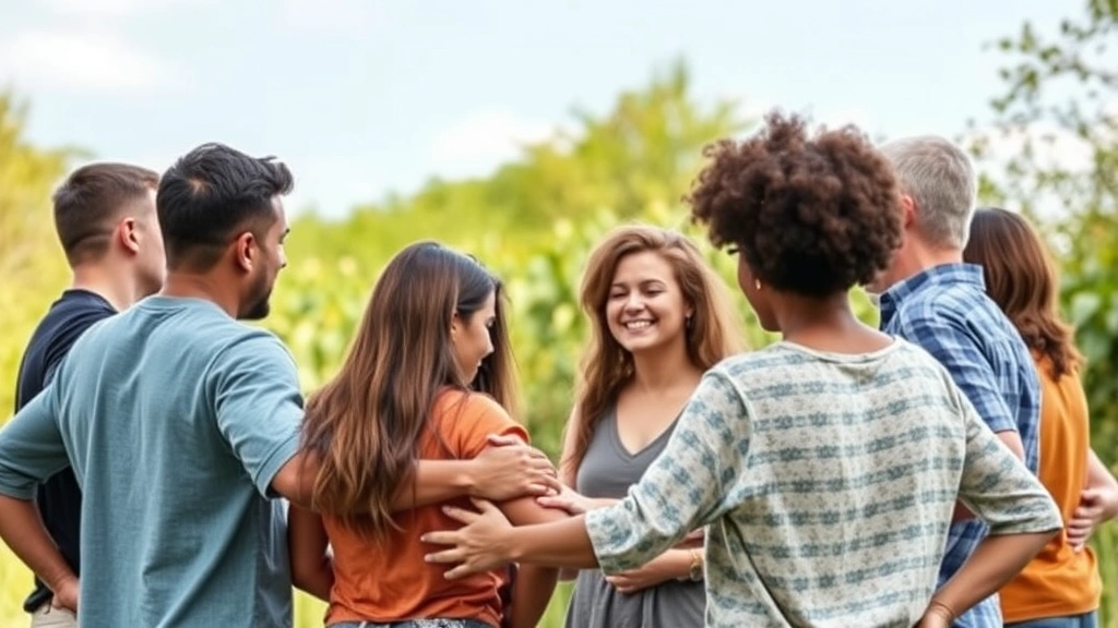 A diverse group of people in a supportive circle outdoors in nature, displaying connection and emotional wellbeing without showing faces