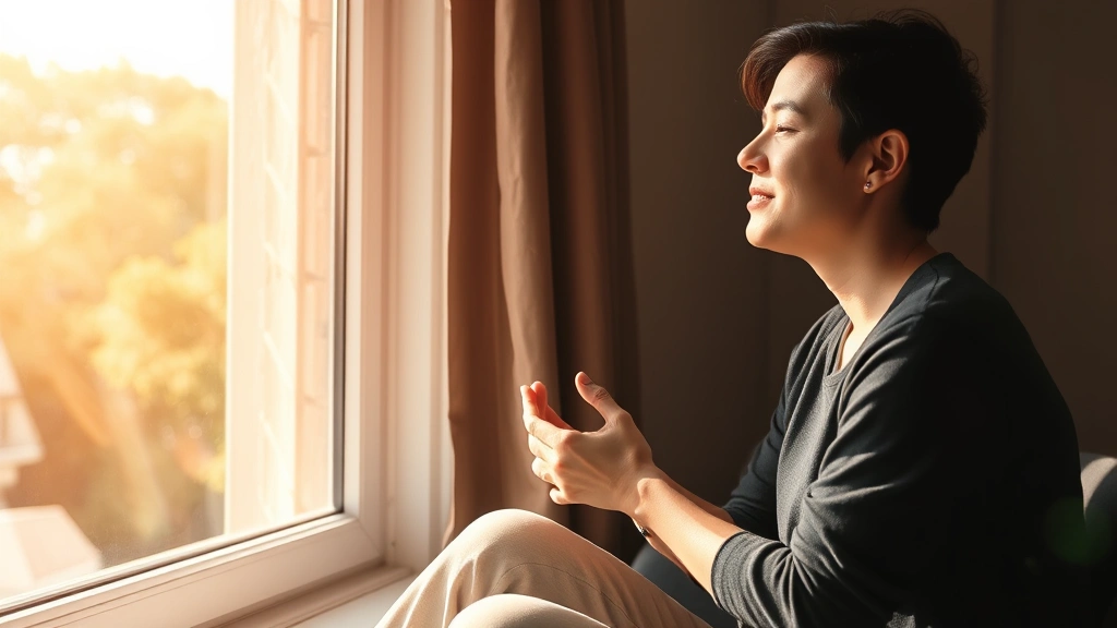 A person sitting peacefully by a window with warm sunlight, hands resting, conveying calm and mental clarity during personal reflection