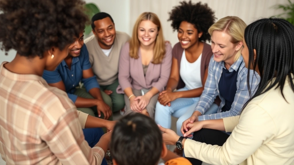 Diverse group of people in a supportive circle during a community wellness session, showing connection and shared understanding without text