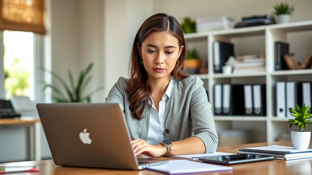 Professional woman sitting at desk reviewing mental health resources on laptop, natural lighting from window, calm organized office environment, thoughtful expression