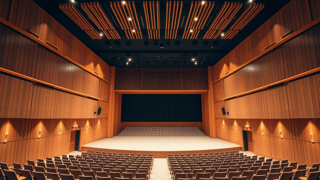 Modern concert hall interior with elegant seating arrangement, warm stage lighting, wooden architectural details, professional sound system visible, empty theater ready for performance