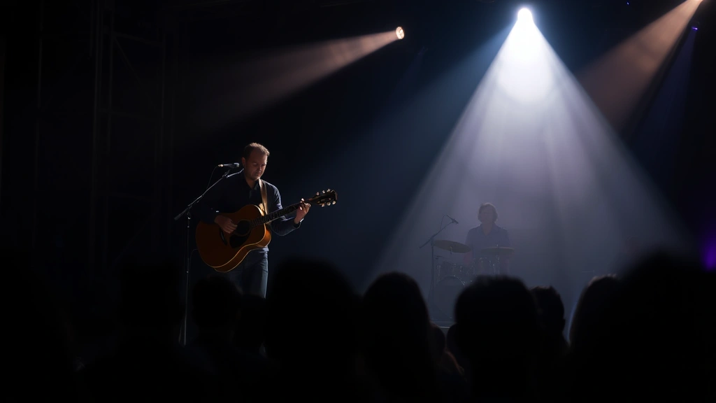 Professional musician performing solo on stage with focused intensity, acoustic guitar or violin, atmospheric stage lighting creating dramatic shadows, audience silhouettes in foreground
