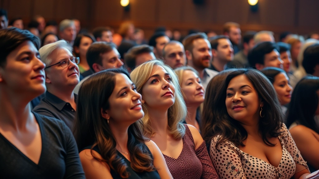 Diverse group of audience members engaged and attentive during live performance, various ages and backgrounds, genuine emotional expressions, concert hall ambiance with soft lighting
