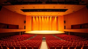 Modern concert hall interior with tiered seating, professional stage lighting, and empty audience seats bathed in warm amber light, showcasing architectural acoustic design elements