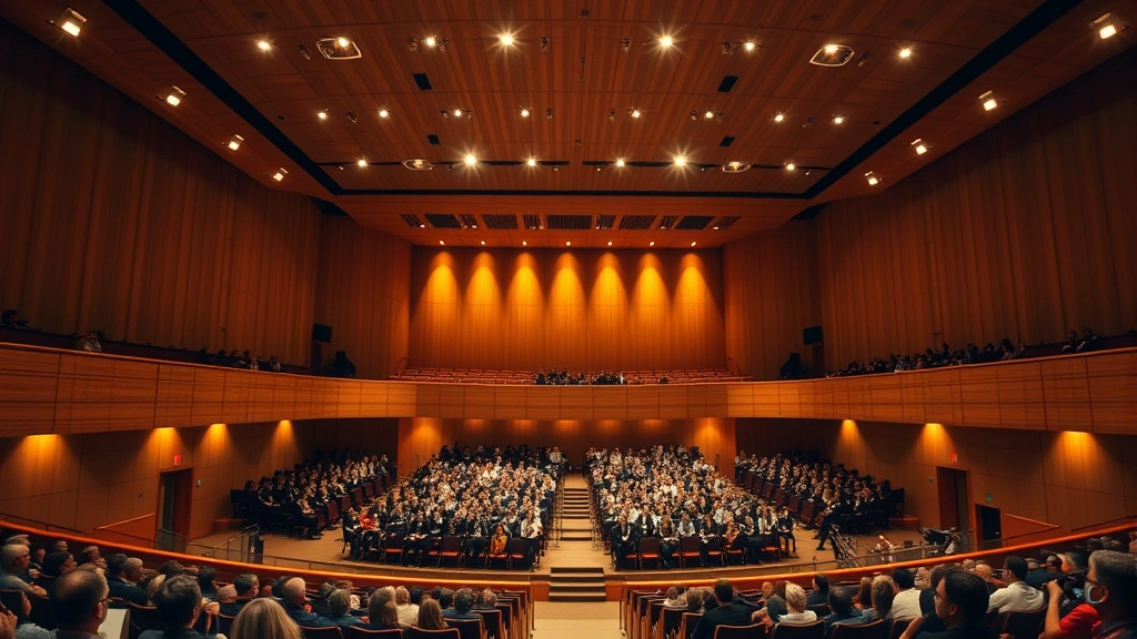 Modern concert hall interior with wooden architectural elements and stage lighting, audience seated in tiered rows, warm ambient lighting, professional stage setup