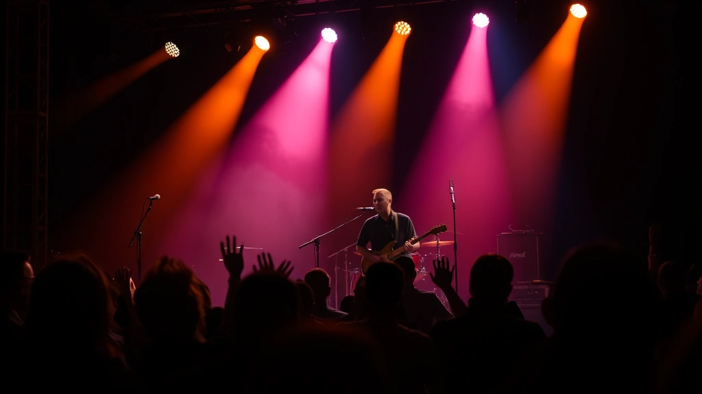 Live music performance in motion—a musician on stage with dramatic stage lighting, audience silhouettes in foreground, capturing the energy and connection between performer and audience