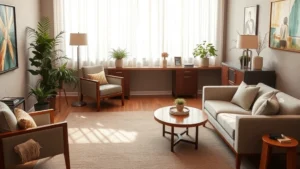 A serene professional office space with soft natural lighting, comfortable seating, and calming earth-tone colors, representing a welcoming therapeutic environment