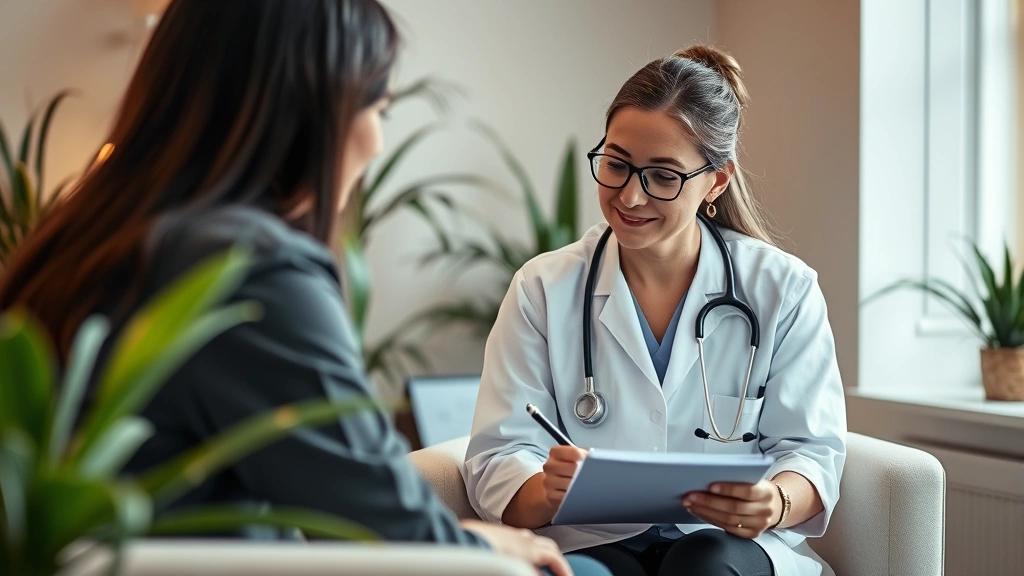 A compassionate healthcare professional taking notes during a consultation session, professional setting with warm lighting and plants creating a calm atmosphere