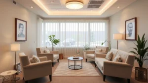 A serene therapy office with comfortable seating, soft lighting, and calming neutral tones, conveying safety and professional compassion without any visible text or signage