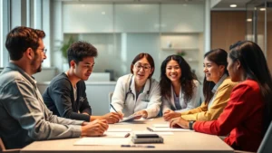 A diverse group of professionals in a modern healthcare setting having a collaborative team meeting, with warm lighting and comfortable seating, focused expressions, no text visible