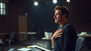 A dedicated actor in a dimly lit rehearsal studio, deeply focused with hand over heart, surrounded by scripts and notebooks, expressing raw emotional intensity