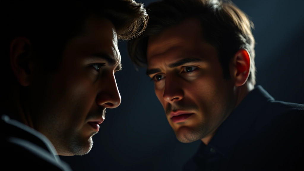 Professional actor in deep concentration during an intense dramatic scene, subtle facial expression showing vulnerability and focus, theatrical stage lighting creating dramatic shadows