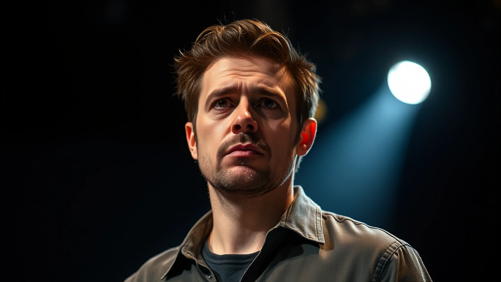 An actor on stage under dramatic spotlight, face illuminated with genuine emotion, mid-scene with intense concentration and presence, theatrical setting
