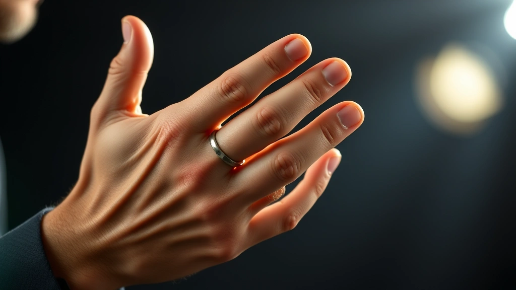 Actor's hands in detailed close-up showing precise gesture control during emotional moment, professional studio lighting, intense focus evident in physical expression