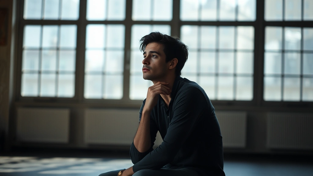 A performer in a quiet moment of reflection, sitting alone with thoughtful expression, natural lighting through large windows, conveying internal emotional depth and contemplation