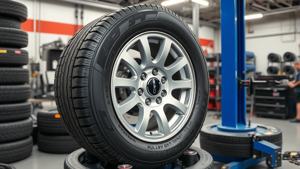 Professional tire installation workshop showing precision mounting equipment, balanced wheel assembly on mounting machine, technician in background