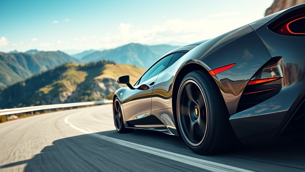 Dynamic action shot of luxury sports car cornering on mountain road, tire sidewall visible showing deformation during aggressive lateral acceleration, scenic landscape background
