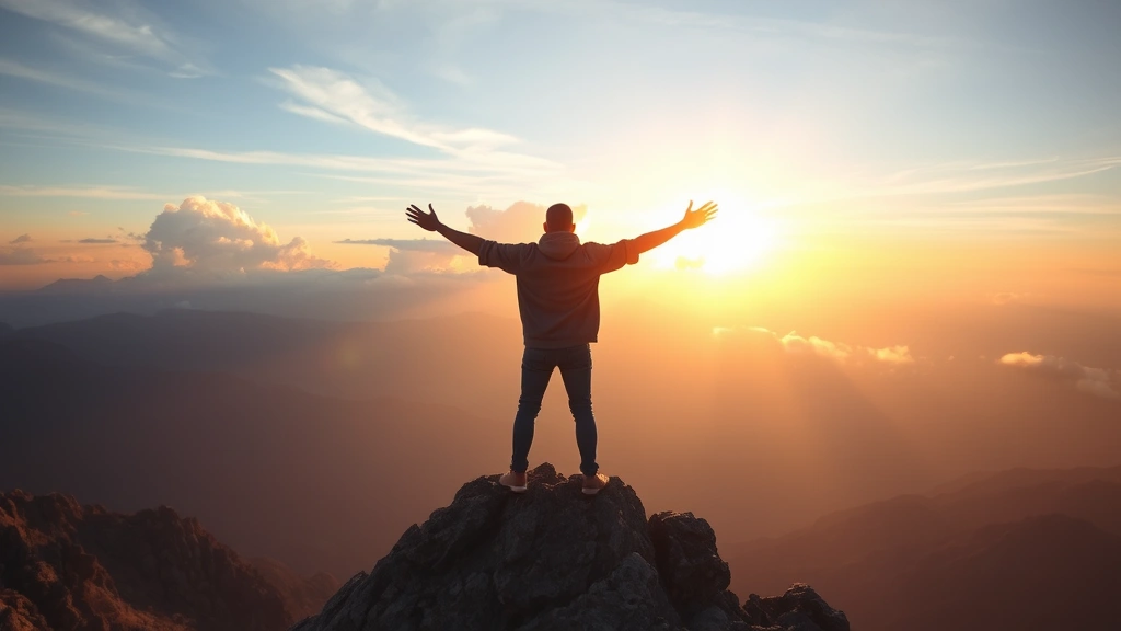 Person standing at the edge of a mountain peak at sunrise, arms open wide, facing a vast landscape with golden light breaking through clouds, sense of triumph and possibility