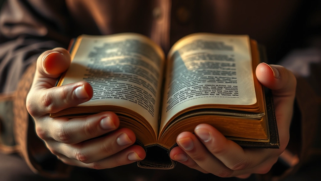 Hands holding an old leather-bound book with golden pages catching light, close-up detail showing texture and reverence, warm and intimate setting