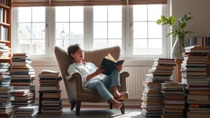 A serene person sitting in a comfortable reading chair beside a large window with natural light streaming in, surrounded by stacked books, conveying peaceful focus and learning