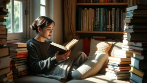 A serene person reading a book in a comfortable reading nook with soft natural lighting, surrounded by stacked books, peaceful and contemplative atmosphere