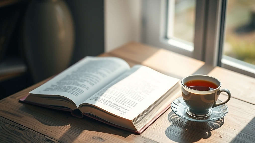 An open book on a wooden table with a warm cup of tea beside it, soft natural lighting creating calm atmosphere, suggesting reflective reading and mental wellness