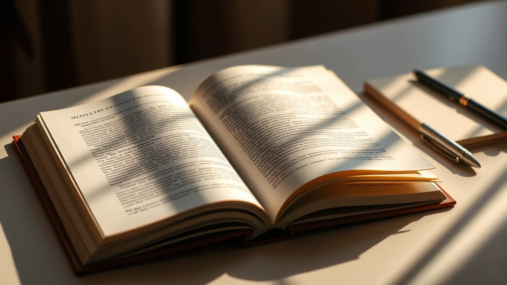 An open book with pages gently turning, warm sunlight streaming across pages, minimalist desk setup with journal and pen nearby