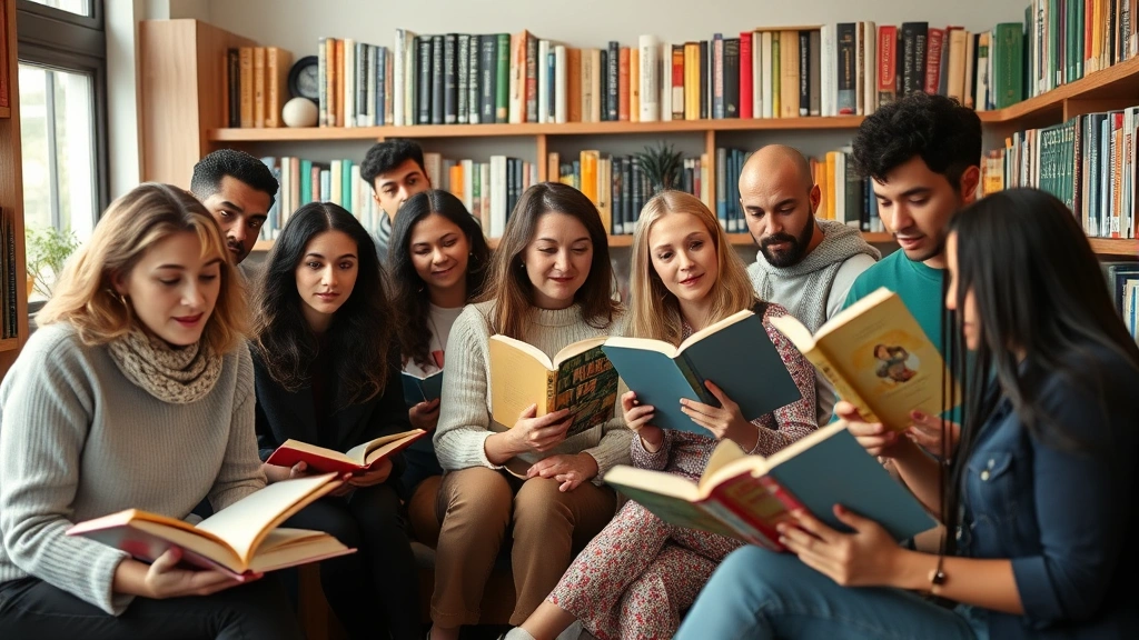 A diverse group of people in a cozy library or study space, each engaged with books and thoughtful expressions, representing community and shared mental health exploration