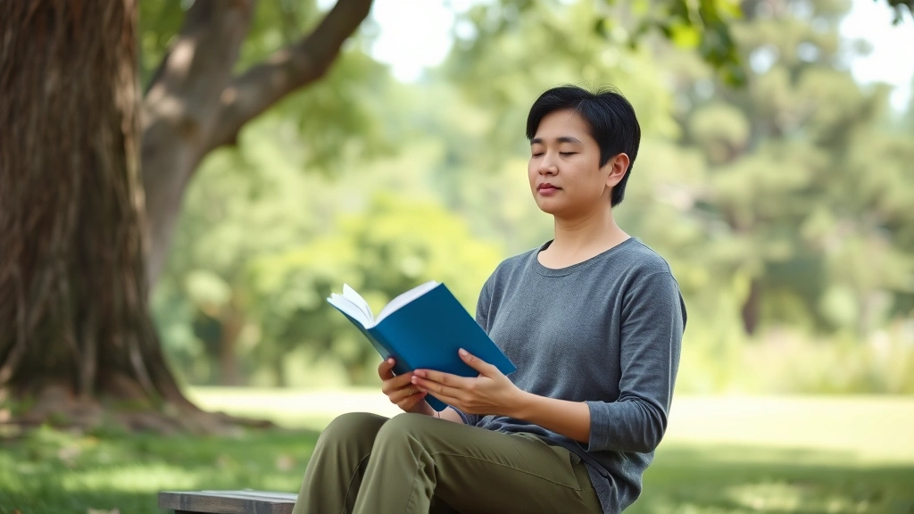 Person sitting peacefully outdoors on a bench, holding a book, trees and nature background, calm expression, daylight, meditative mood