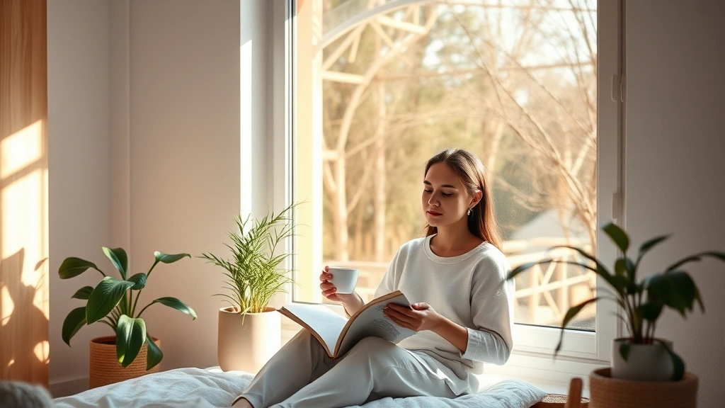 A serene person sitting by a large window with natural light, holding an open book, surrounded by plants and a cup of tea, peaceful expression, minimalist bedroom setting, warm afternoon lighting
